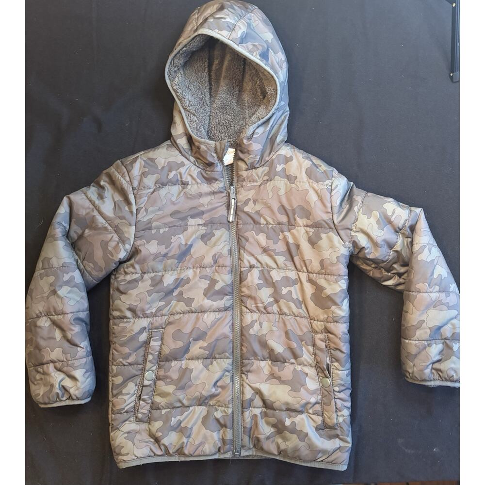 Cat & Jack Boys Camo Puffer Jacket Sherpa Lined Hooded Size M (8) Green